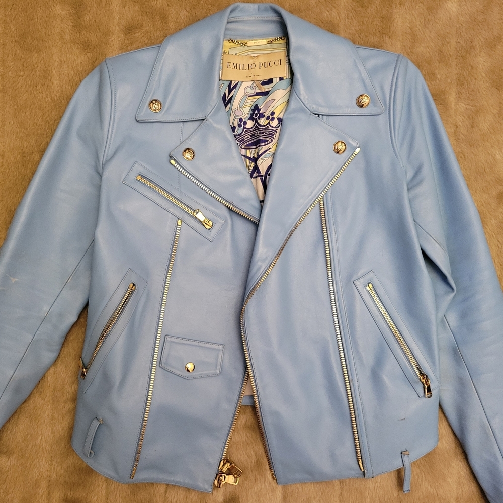 Emilio Pucci powder blue leather lambskin Moto motorcycle jacket